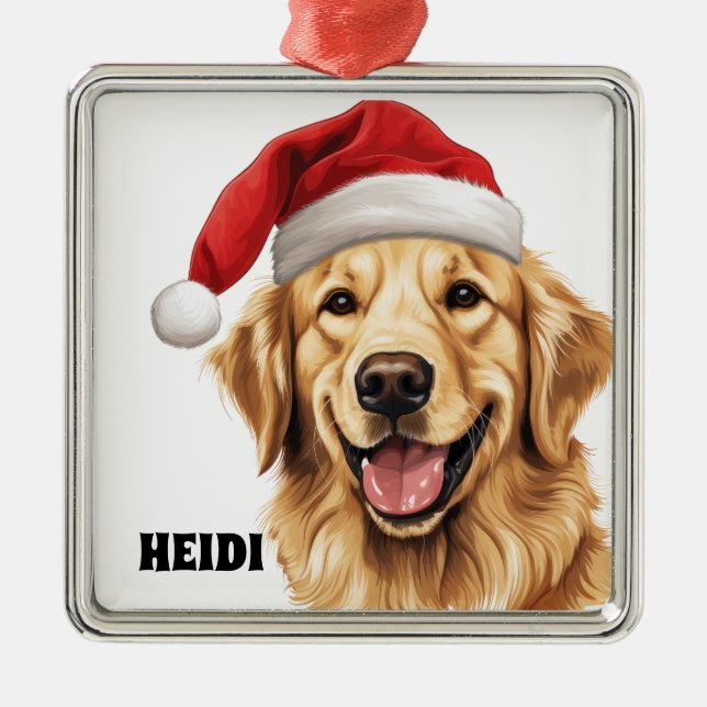 CHRISTMAS GOLDEN RETRIEVER DOG WITH SANTA HAT METAL TREE DECORATION (Front)