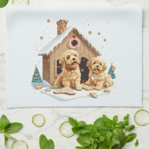 Christmas Golden Retriever Dogs Gingerbread House Tea Towel