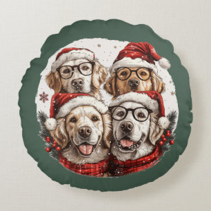 Christmas Golden Retriever Dogs Round Cushion