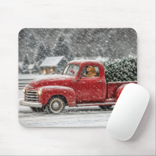 Christmas Golden Retriever in a Retro Pickup Truck Mouse Mat