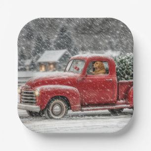 Christmas Golden Retriever in a Retro Pickup Truck Paper Plate