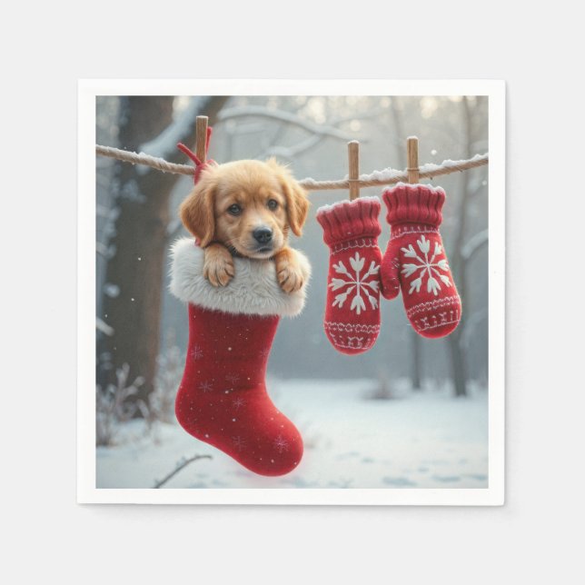 Christmas Golden Retriever In a Stocking Napkin (Front)