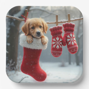 Christmas Golden Retriever In a Stocking Paper Plate