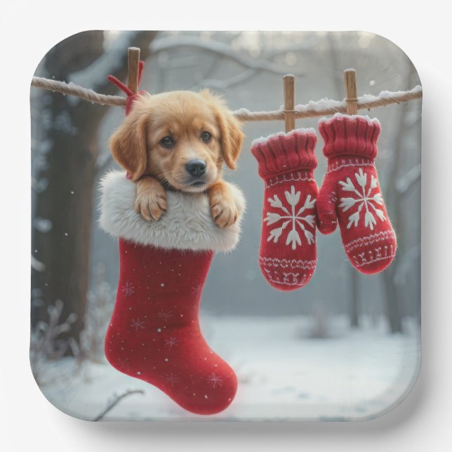 Christmas Golden Retriever In a Stocking Paper Plate (Front)