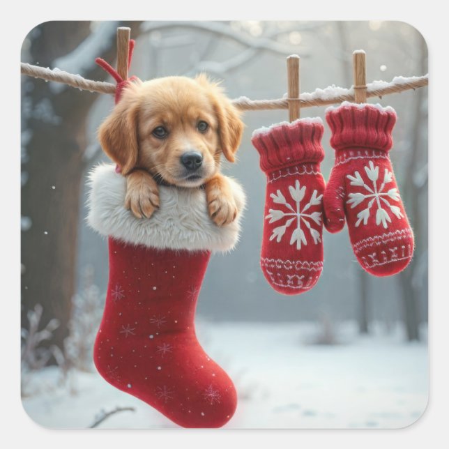 Christmas Golden Retriever In a Stocking Square Sticker (Front)