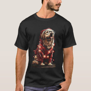 Christmas Golden Retriever in Glasses Santa Hat Fe T-Shirt