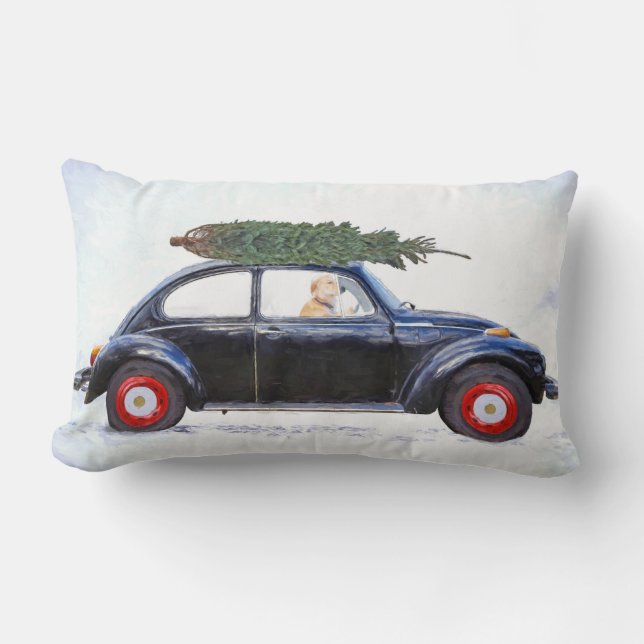 Christmas golden retriever in old car lumbar cushion (Front)