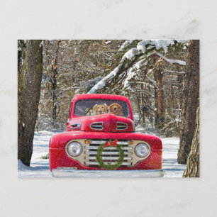 Christmas Golden Retriever in Retro Truck Holiday Postcard