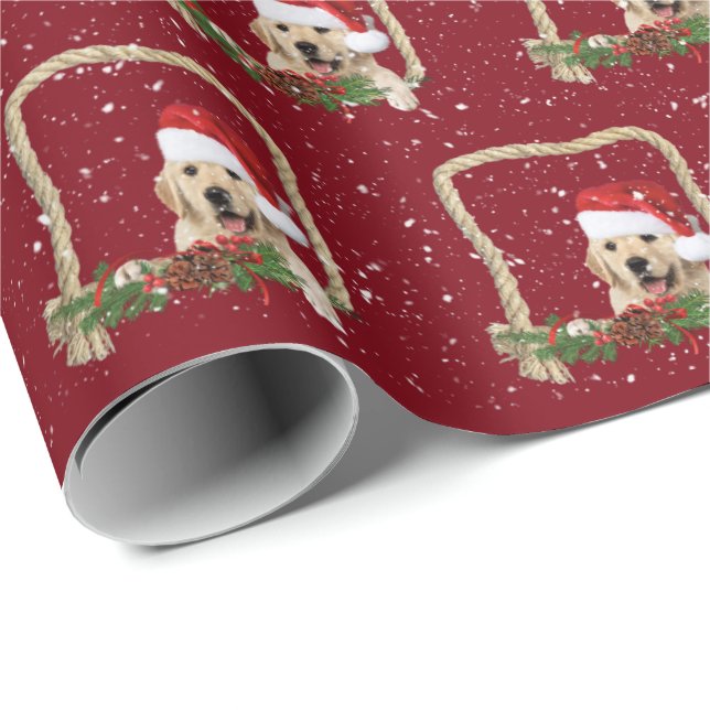 Christmas Golden Retriever in rope frame Wrapping Paper (Roll Corner)
