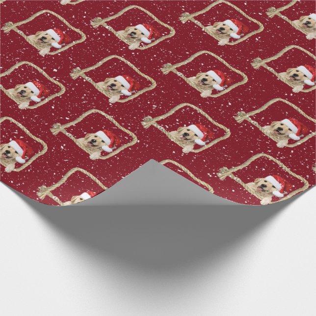 Christmas Golden Retriever in rope frame Wrapping Paper (Corner)