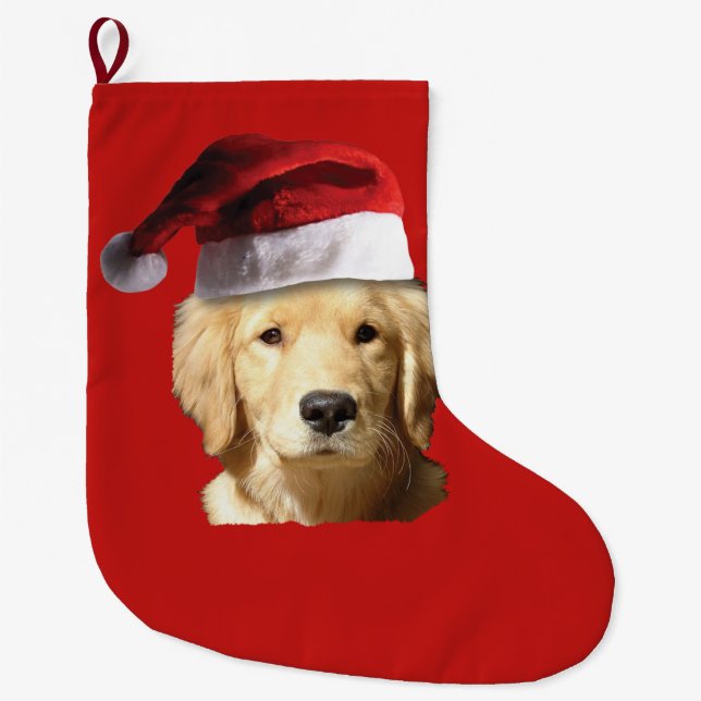 Christmas Golden Retriever in Santa Claus Hat Large Christmas Stocking (Front)