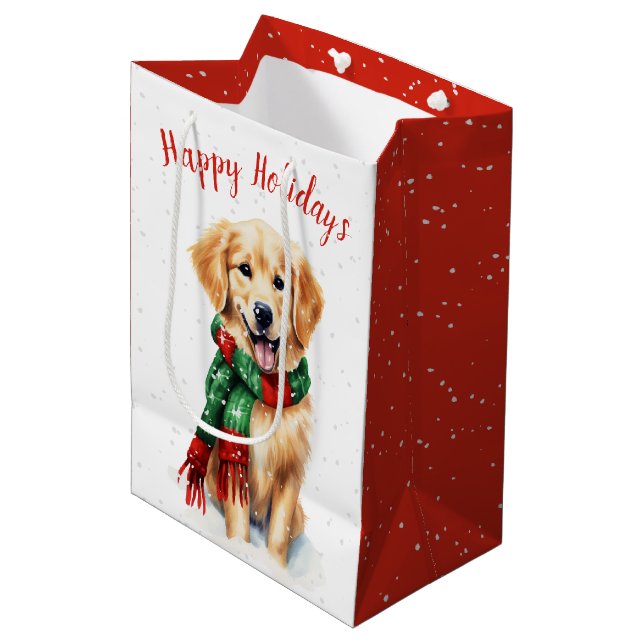 Christmas Golden Retriever In Snowflakes Medium Gift Bag (Front Angled)