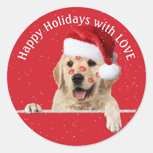 Christmas Golden Retriever lipstick kisses Classic Round Sticker (Front)