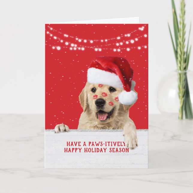Christmas Golden Retriever lipstick kisses Holiday Card (Front)