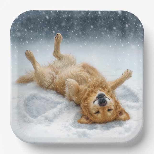 Christmas Golden Retriever Making a Snow Angel Paper Plate (Front)