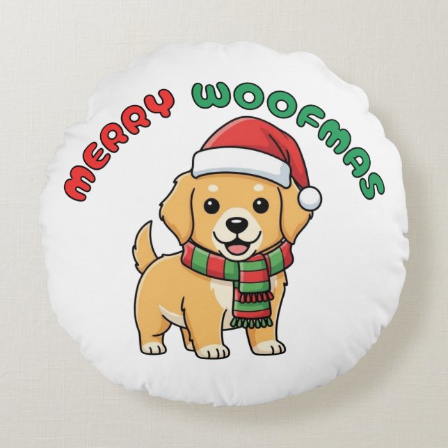 Christmas Golden Retriever: Merry Woofmas Round Cushion (Front)