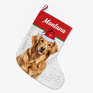 Christmas Golden Retriever Name Woof Background Large Christmas Stocking