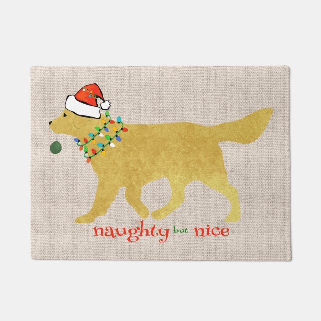 Christmas Golden Retriever Naughty But Nice Burlap Doormat (Front)