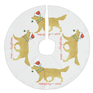 Christmas Golden Retriever Naughty but Nice Faux Linen Tree Skirt