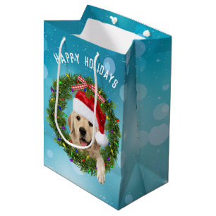 Christmas Golden Retriever on aqua bokeh Medium Gift Bag