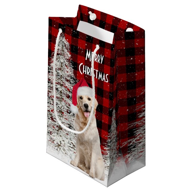 Christmas Golden Retriever On Buffalo Plaid   Small Gift Bag (Front Angled)
