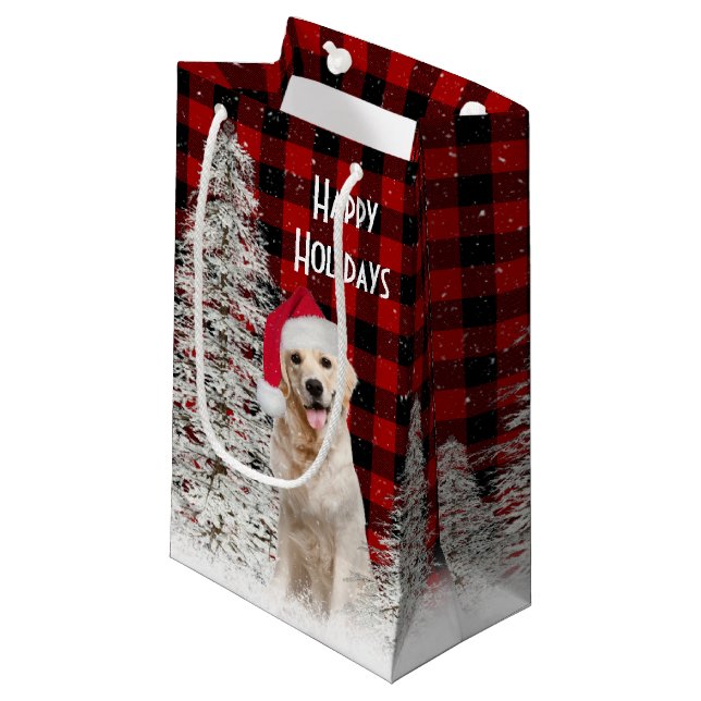 Christmas Golden Retriever On Plaid  Small Gift Bag (Front Angled)