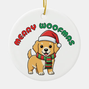Christmas Golden Retriever Ornament: Merry Woofmas Ceramic Tree Decoration
