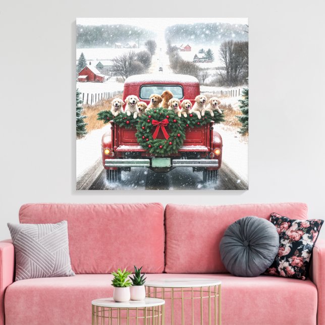 Christmas Golden Retriever Puppies Canvas Print (Insitu(LivingRoom))