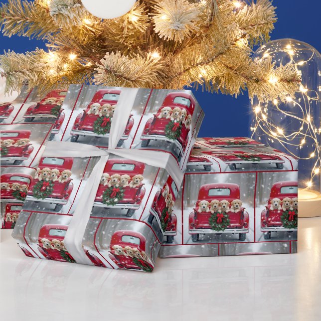 Christmas Golden Retriever Puppies In Red Truck Wrapping Paper (Holidays)