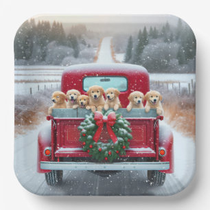 Christmas Golden Retriever Puppies In Truck Paper Plate