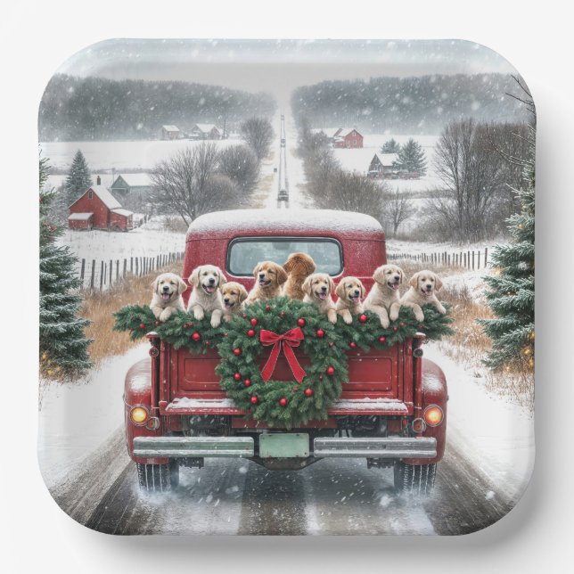 Christmas Golden Retriever Puppies Paper Plate (Front)