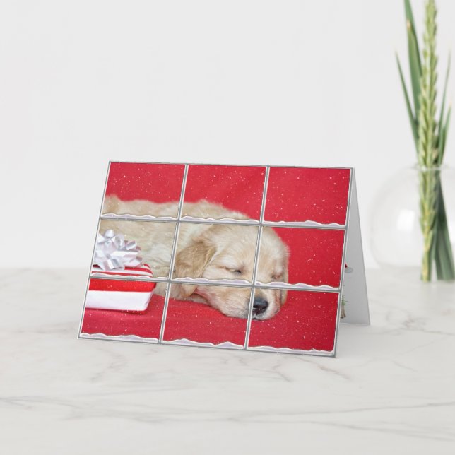 Christmas Golden Retriever Puppy in snowy window Holiday Card (Front)