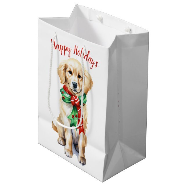 Christmas Golden Retriever Puppy Medium Gift Bag (Front Angled)