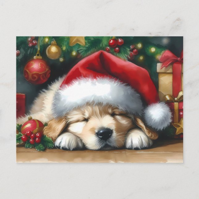 Christmas Golden Retriever Puppy Postcard (Front)