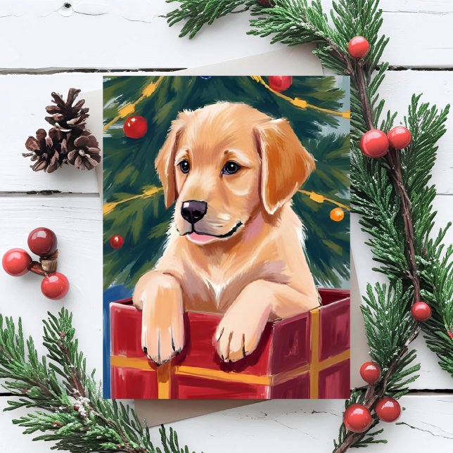 Christmas Golden Retriever Puppy Present Holiday Card (Creator Uploaded)