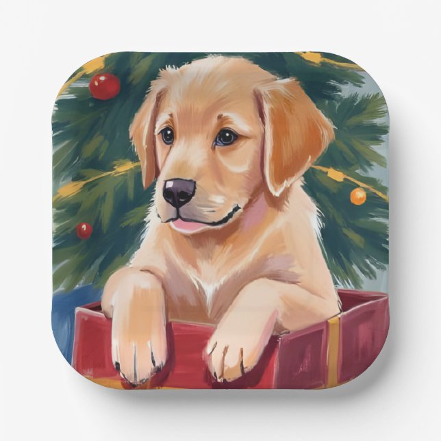 Christmas Golden Retriever Puppy Present Holiday Paper Plate (Front)