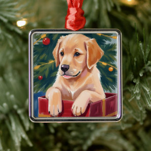 Christmas Golden Retriever Puppy Present Metal Tree Decoration