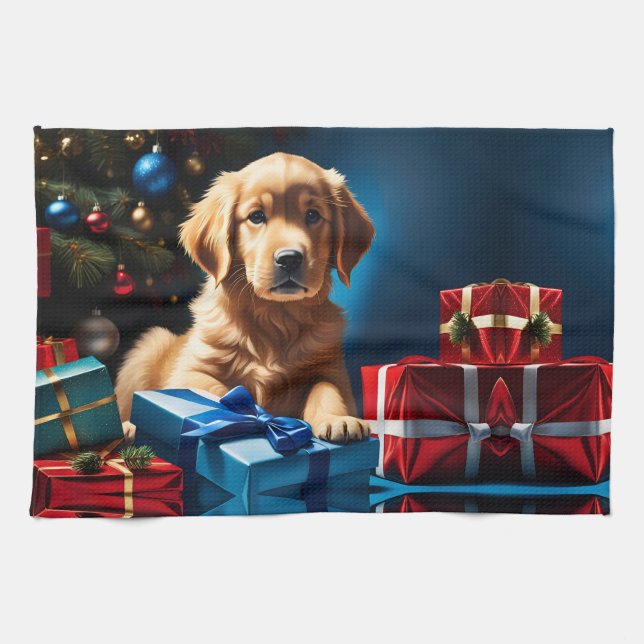 CHRISTMAS GOLDEN RETRIEVER PUPPY TEA TOWEL (Horizontal)