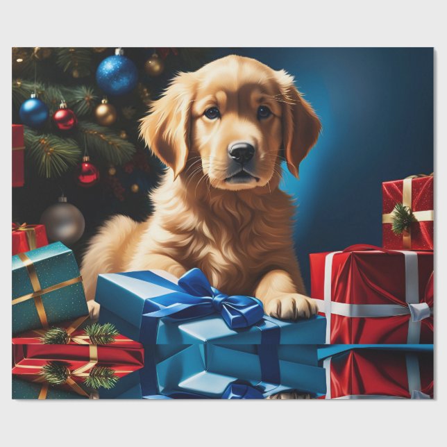 CHRISTMAS GOLDEN RETRIEVER PUPPY WRAPPING PAPER (Flat)