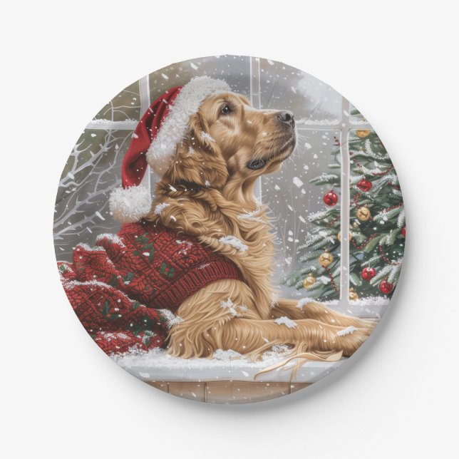 Christmas Golden Retriever Santa Dog Paper Plate (Front)