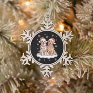 Christmas Golden Retriever Santa Hat Lights Snow Snowflake Pewter Christmas Ornament
