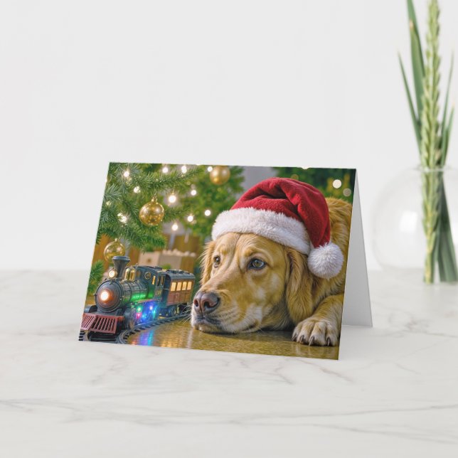 Christmas Golden Retriever Watching a Toy Train Card (Front)