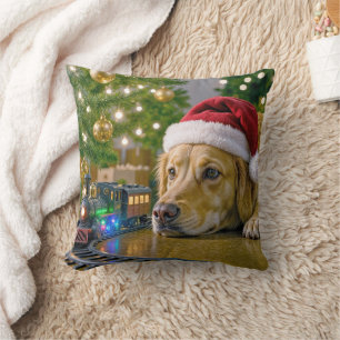 Christmas Golden Retriever Watching a Toy Train Cushion