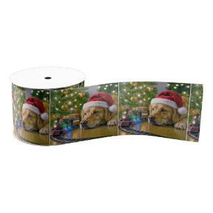Christmas Golden Retriever Watching a Toy Train Grosgrain Ribbon
