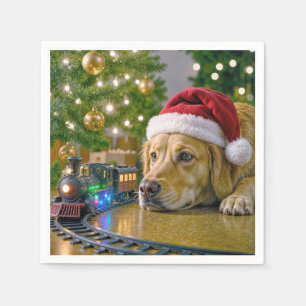 Christmas Golden Retriever Watching a Toy Train Napkin