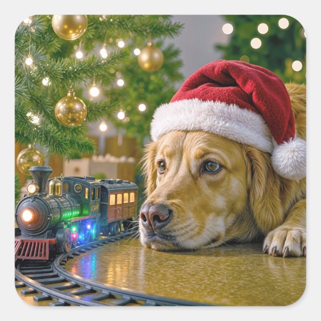 Christmas Golden Retriever Watching a Toy Train Square Sticker (Front)