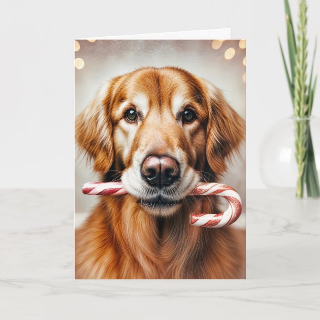 Christmas Golden Retriever With a Candy Cane Holiday Card (Front)