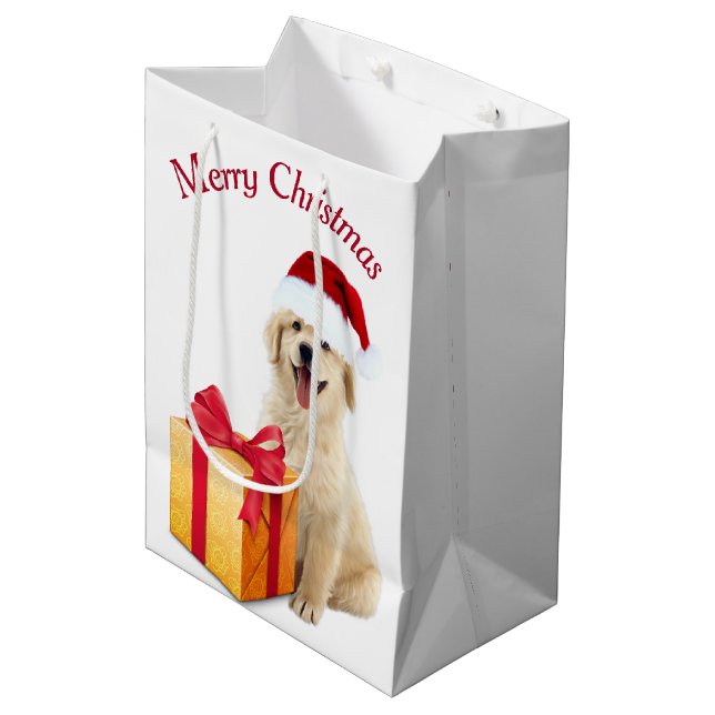 Christmas Golden Retriever with Gift Medium Gift Bag (Front Angled)