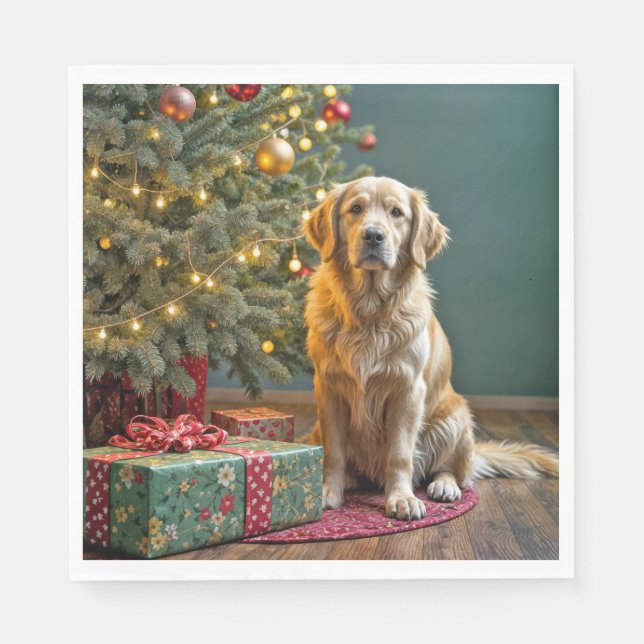 Christmas Golden Retriever With Gifts Napkin (Front)