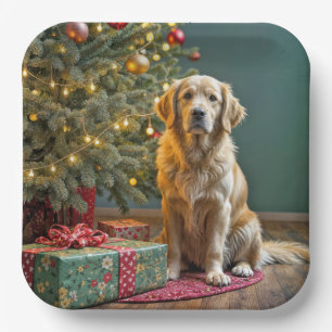 Christmas Golden Retriever With Gifts Paper Plate